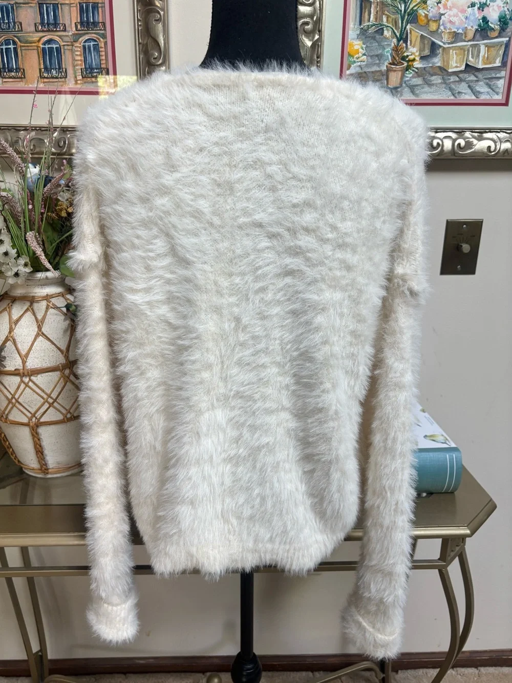 Free People Serendipity White Fuzzy Deep V-Neck Plush Sweater Oversized Size L